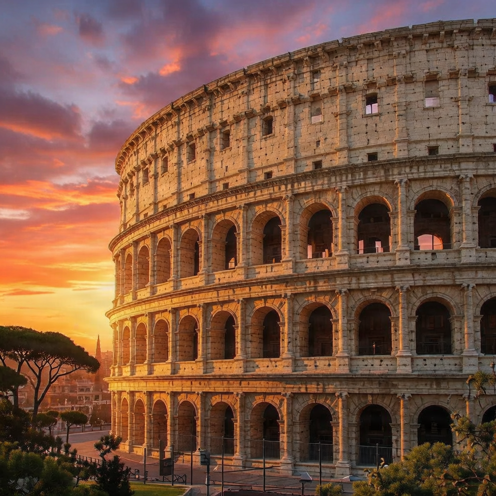 Colosseum in Rome with a hand-drawn travel scribble overlay.